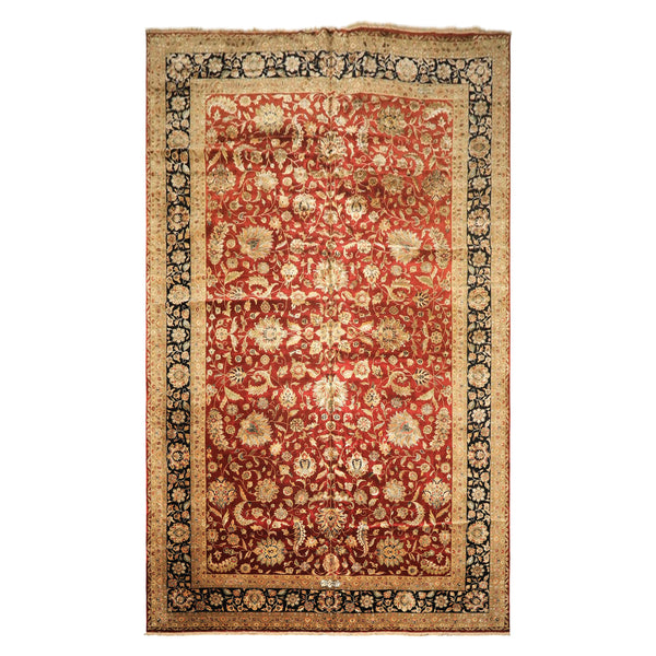 Palace Maroon, Black, Taupe Color Hand Knotted Agra New Zealand Wool & Silk Traditional Oriental Rug