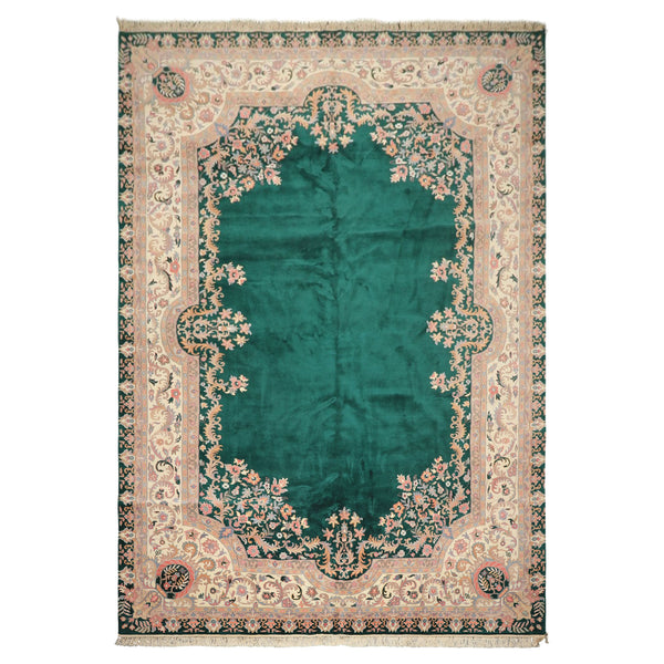 10x14 Emerald, Ivory, Rose Color Hand Knotted Kerman Wool Traditional Oriental Rug