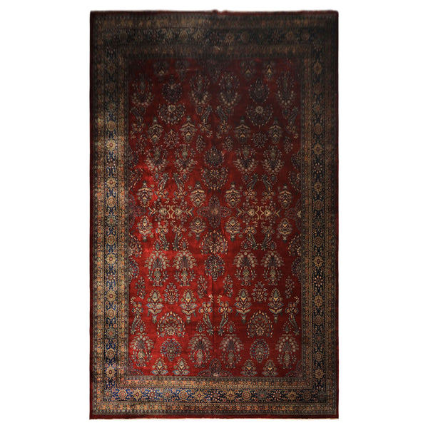 Runner Rusty Red, Navy, Mint Color Hand Knotted Sarouk New Zealand Wool Traditional Oriental Rug