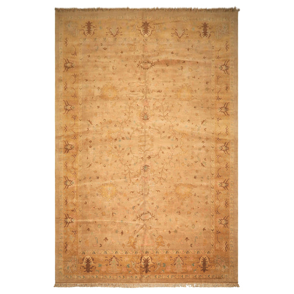 Palace Tan, Gold, Turquoise Color Hand Knotted Oushak Wool Transitional Oriental Rug