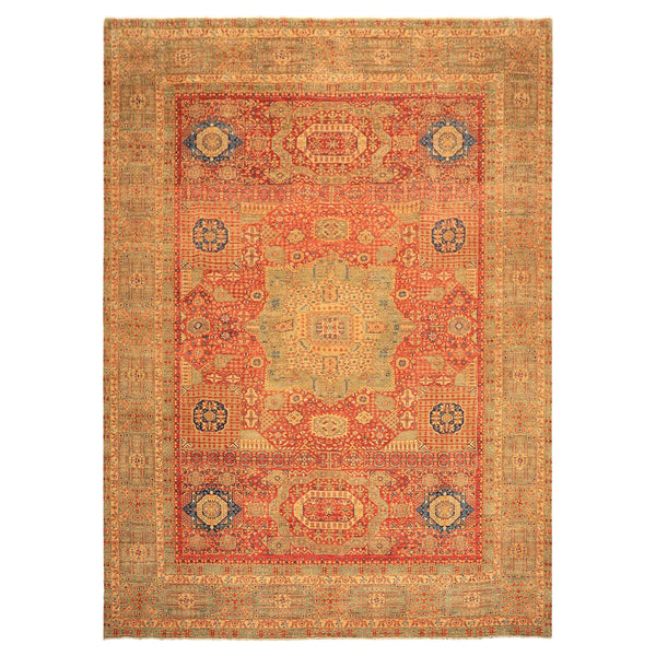 9x12 Burnt Orange, Gold, Celadone Color Hand Knotted Cairene Mamluk Wool Traditional Oriental Rug