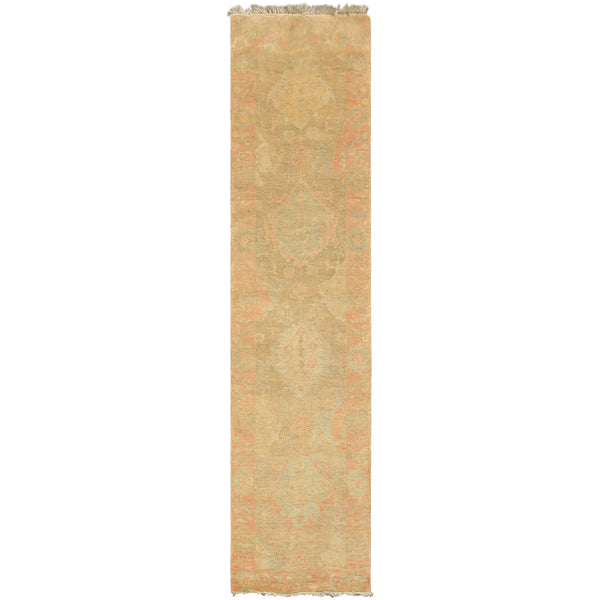 2'6x10 Beige, Mint, Blush Color Hand Knotted Oushak Wool Transitional Oriental Rug
