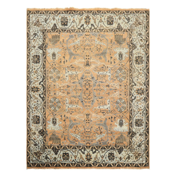 8x10 Peach, Blue, Charcoal Color Hand Knotted Oushak Wool Transitional Oriental Rug