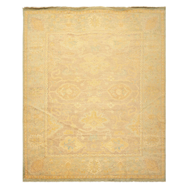 8x10 Taupe, Aqua, Gold Color Hand Knotted Oushak New Zealand Wool Transitional Oriental Rug