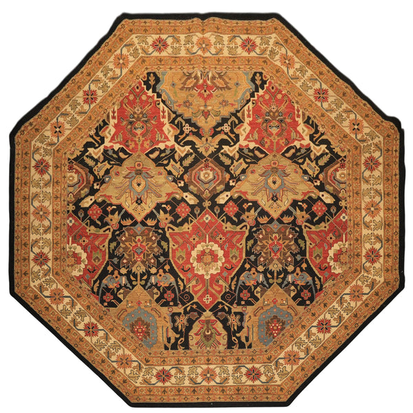 Octagon Black, Ivory, Gold Color Hand Knotted Soumak Wool Traditional Oriental Rug