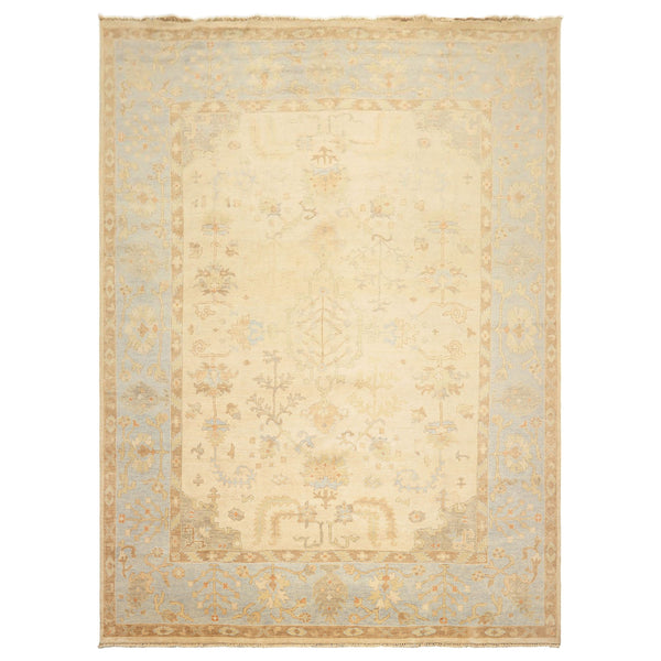 9x12 Ivory, Beige, Aqua Color Hand Knotted Oushak Wool Transitional Oriental Rug