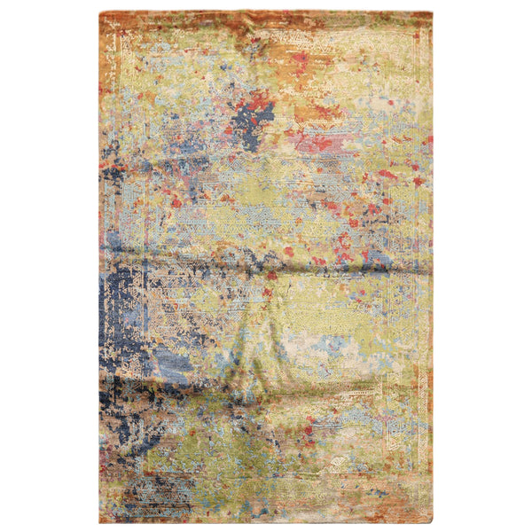 6x9 Lime, Navy, Coral Color Hand Knotted Sherpa Bamboo Silk Transitional Oriental Rug