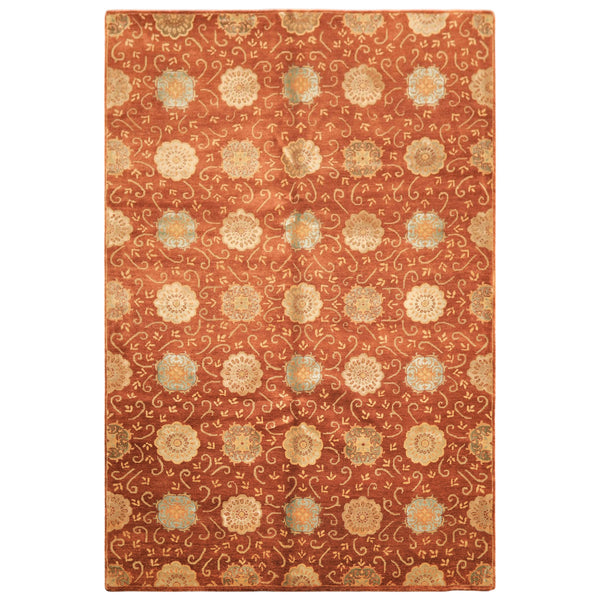 6x9 Burnt Orange, Mint, Blue Color Hand Knotted Tibetan Wool & Bamboo Silk Transitional Oriental Rug