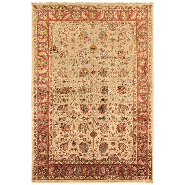 6x9 Tan, Maroon, Gold Color Hand Knotted Kashan Wool & Silk Traditional Oriental Rug