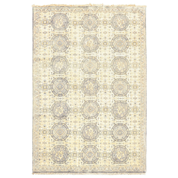 6x9 Ivory, Slate, Blue Color Hand Knotted Oushak Wool Transitional Oriental Rug