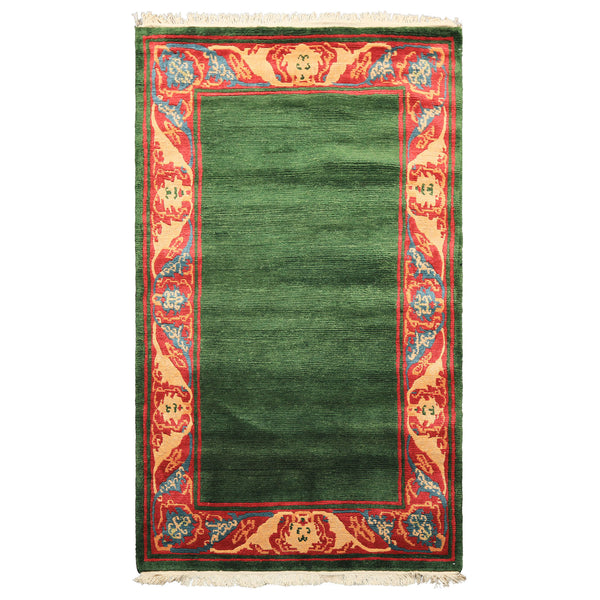 4x7 Green, Coral, Peach Color Hand Knotted Tibetan Wool Transitional Oriental Rug