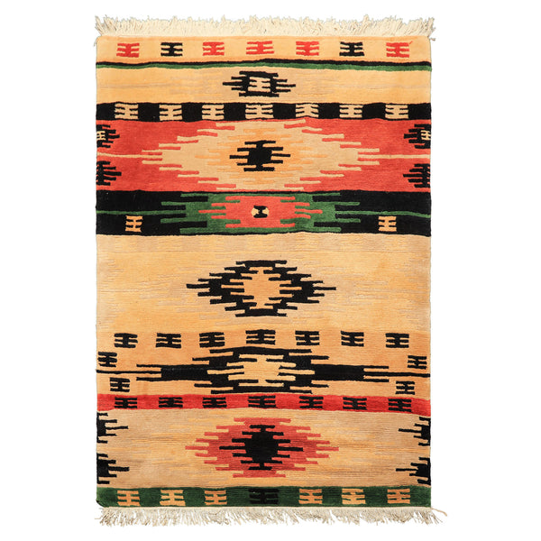 4x6 Beige, Faded Peach, Black Color Hand Knotted Tibetan Wool  Oriental Rug