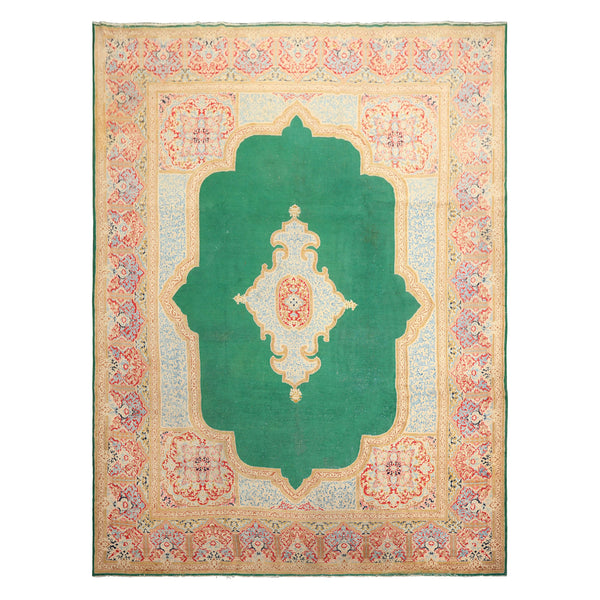 9x12 Green, Ivory, Rose Color Hand Knotted Kerman Wool Traditional Oriental Rug