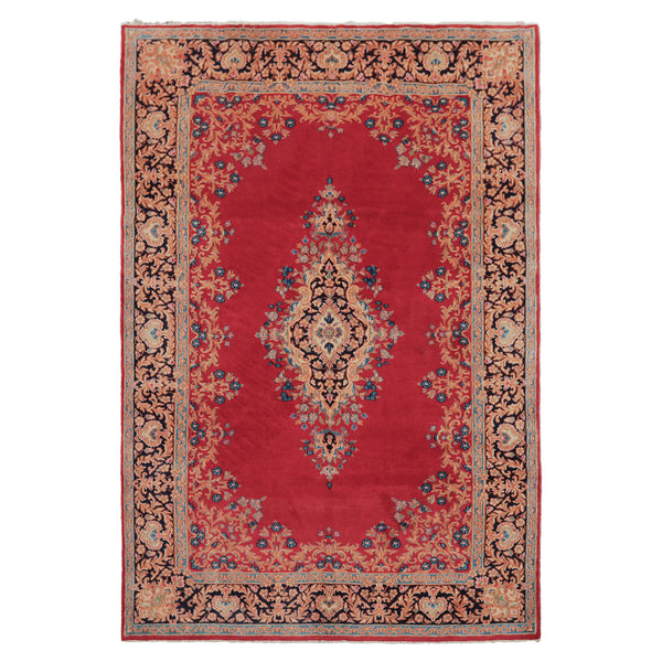 7x10 Red, Navy, Aqua Color Hand Knotted Kerman Wool Traditional Oriental Rug