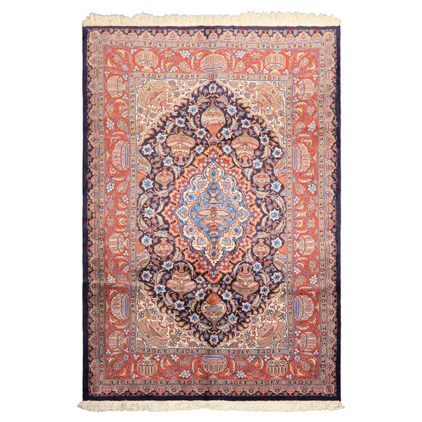 6x9 Navy, Burnt Orange, Ivory Color Hand Knotted Kashmar Wool Traditional Oriental Rug