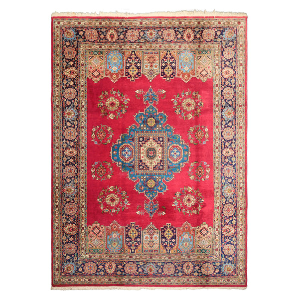 8x11 Coral, Navy, Ivory Color Hand Knotted Tabriz Wool Traditional Oriental Rug