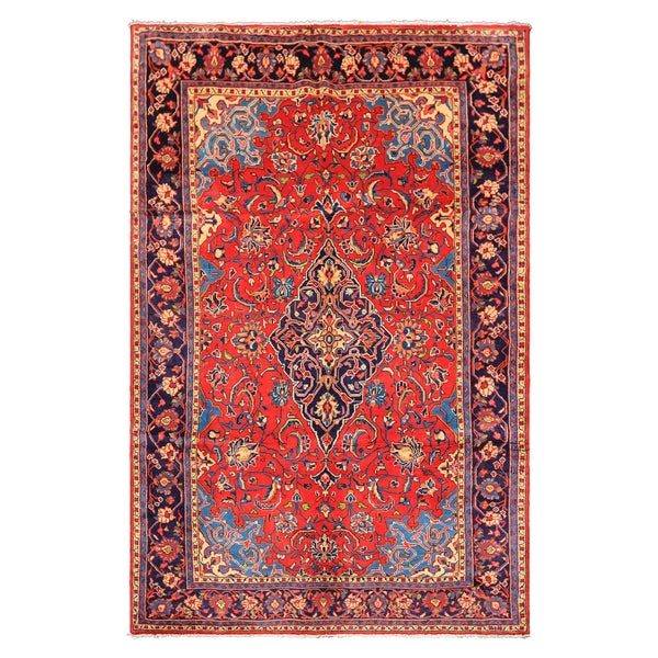 7x11 Red, Navy, Ivory Color Hand Knotted Sarouk Wool Traditional Oriental Rug