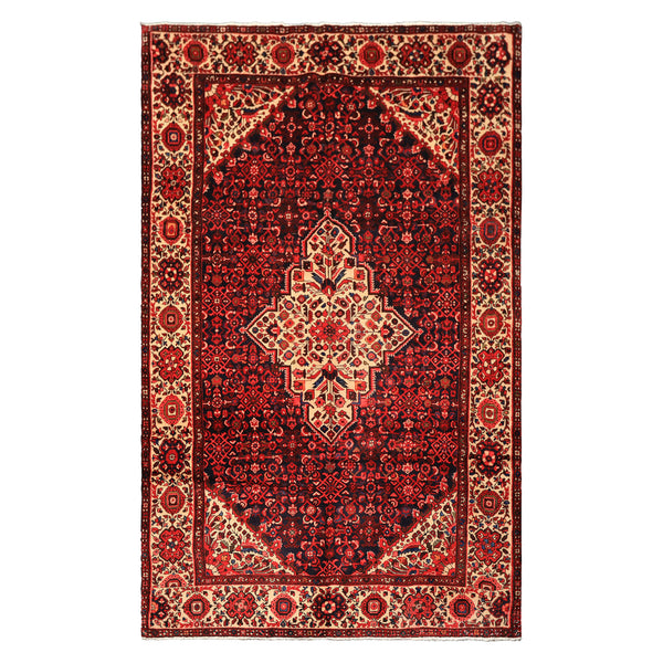7x11 Midnight Blue, Ivory, Red Color Hand Knotted Hamadan Wool Traditional Oriental Rug