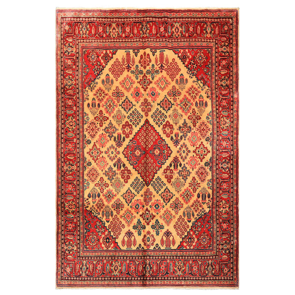 7x10 Light Gold, Ivory, Red Color Hand Knotted Meimeh Wool Traditional Oriental Rug