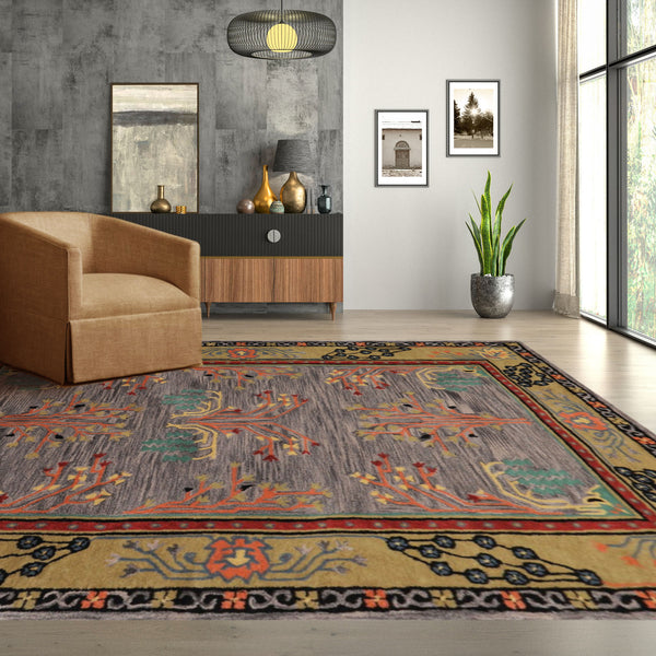 5x8 Lavender, Gold, Black Color Hand Tufted Donegal Wool Traditional Oriental Rug