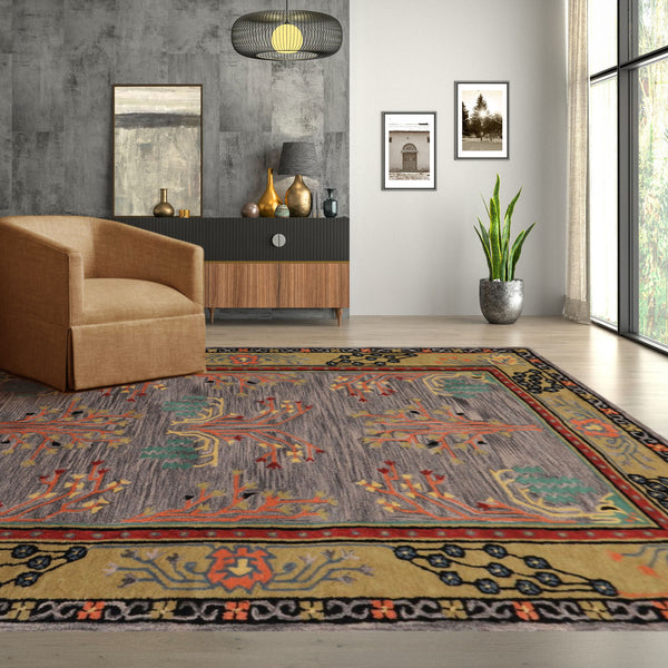 5x8 Turquoise, Gold, Black Color Hand Tufted Donegal Wool Traditional Oriental Rug