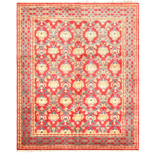 8x10 Red, Navy, Gold Color Hand Knotted Agra Wool Traditional Oriental Rug