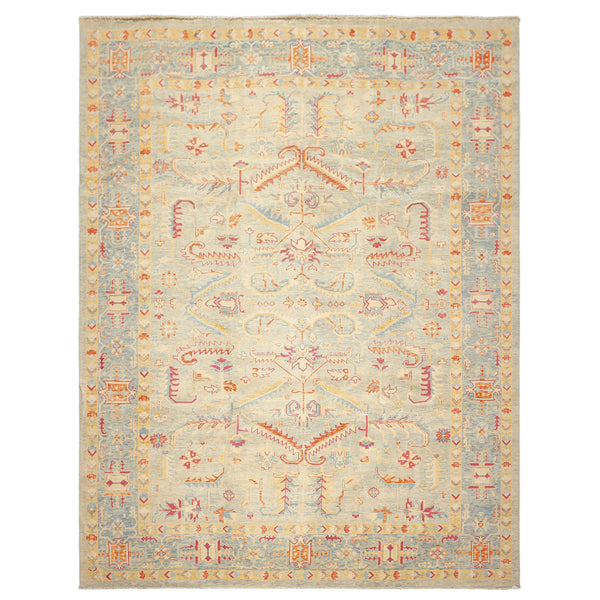 9x12 Aqua, Beige, Gold Color Hand Knotted Peshawar Wool Traditional Oriental Rug