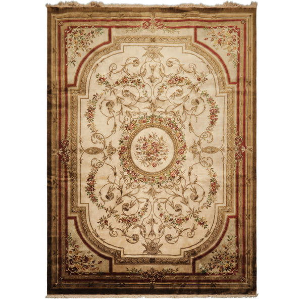 9x12 Ivory, Brown, Maroon Color Hand Knotted French Aubusson Savonnerie New Zealand Wool Traditional Oriental Rug