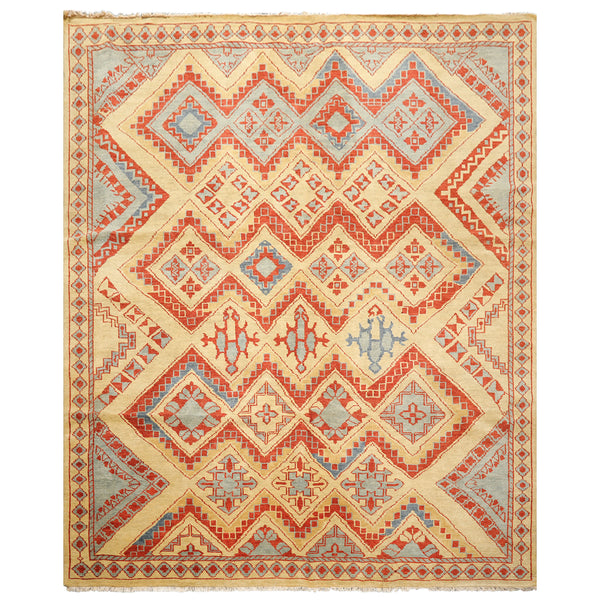 8x10 Gold, Burnt Orange, Aqua Color Hand Knotted Oushak Wool Southwestern Oriental Rug