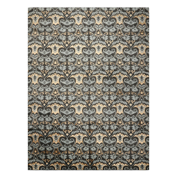 9x12 Charcoal, Blue, Caramel Color Hand Loomed Tibetan Wool & Bamboo Silk Transitional Oriental Rug