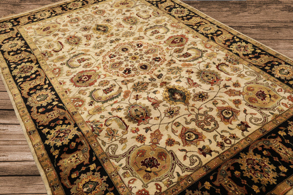 6x9 Ivory, Gold, Sage Color Hand Knotted Agra New Zealand Wool Traditional Oriental Rug