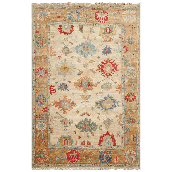 6x9 Beige, Peach, Blue Color Hand Knotted Oushak Wool Traditional Oriental Rug