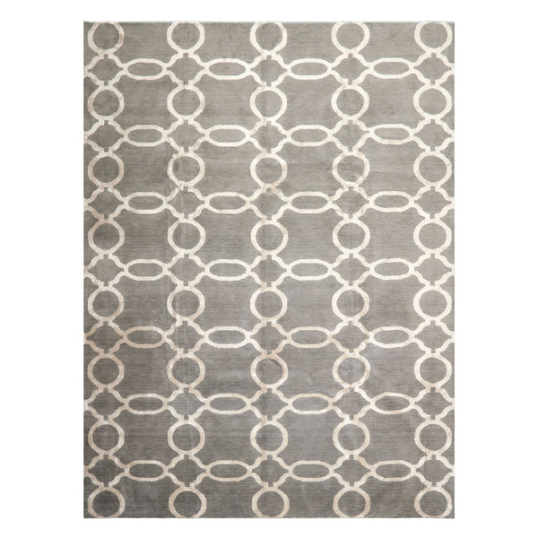Multi Size Gray Silver Color Hand Loomed Tibetan Wool & Bamboo Silk Transitional Oriental Rug