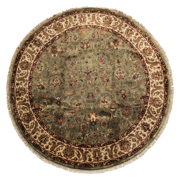8 Round Sage, Beige, Maroon Color Hand Knotted Agra New Zealand Wool & Silk Traditional Oriental Rug