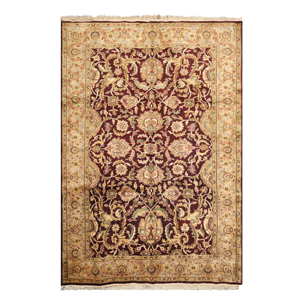 6x9 Maroon, Gold, Sage Color Hand Knotted Agra New Zealand Wool Traditional Oriental Rug