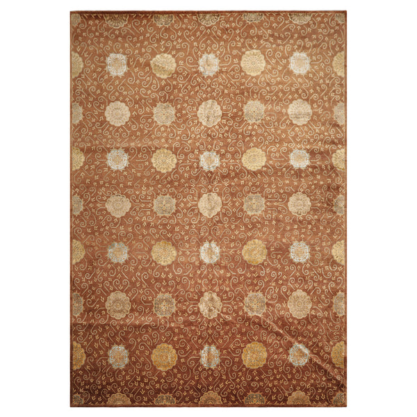 10x14 Mocha, Gold, Beige Color Hand Knotted Tibetan Wool & Bamboo Silk Transitional Oriental Rug