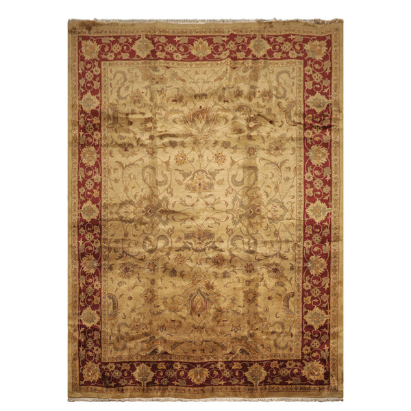 10x14 Light Gold, Maroon, Sage Color Hand Knotted Agra Wool Traditional Oriental Rug