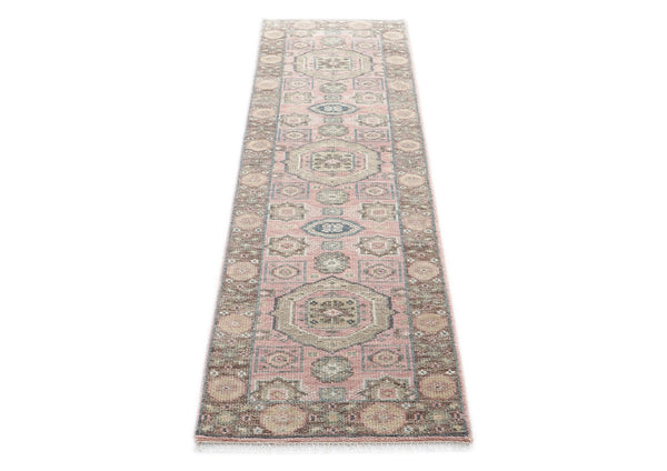 Runner Blush, Gray, Ivory Color Hand Knotted Oushak Wool Transitional Oriental Rug