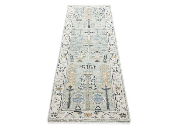 Runner Gray, Beige, Blue Color Hand Knotted Oushak Wool Transitional Oriental Rug
