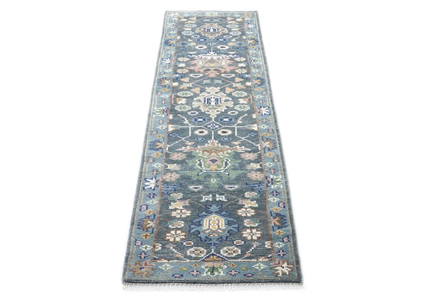 Runner Gray, Slate, Blue Color Hand Knotted Oushak Wool Arts & Crafts Oriental Rug