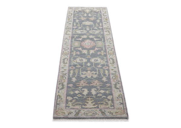 Runner Slate, Gray, Sage Color Hand Knotted Oushak Wool Transitional Oriental Rug