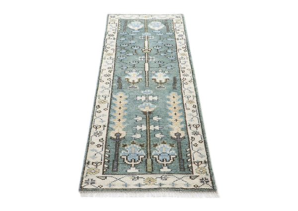 Runner Celadon, Ivory, Gray Color Hand Knotted Oushak Wool Transitional Oriental Rug