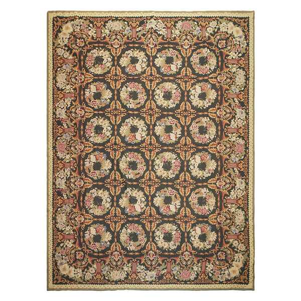9x12 hand-woven Asmara needlepoint Aubusson rug in charcoal with gold, green, and rust floral motifs