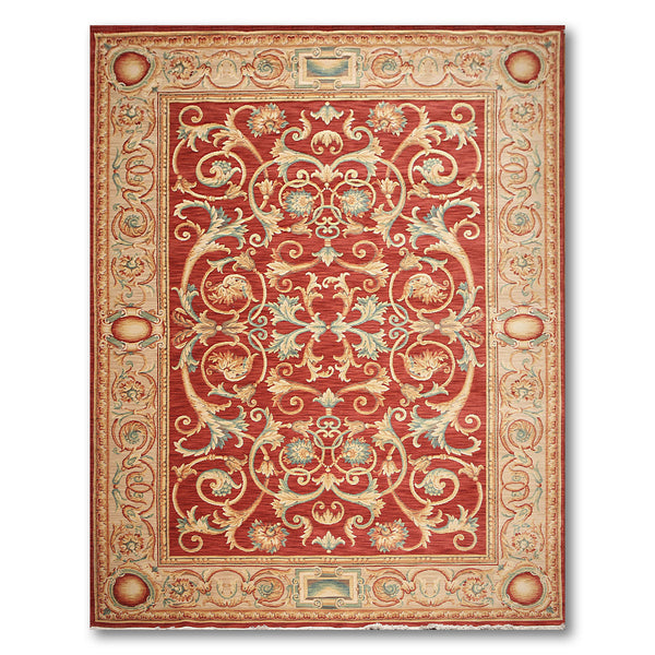 9x12 Red, Beige, Aqua Color Hand Knotted Full Pile Savonnairie Wool Traditional Oriental Rug