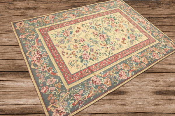 5x8 Golden, Sage, Rose Color Hand Made Needlepoint Cotton Traditional Oriental Rug