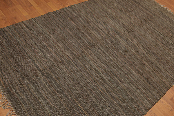 5x7 Charcoal, Gray, Olive Color Hand Woven All-Over 100% Leather Contemporary Oriental Rug