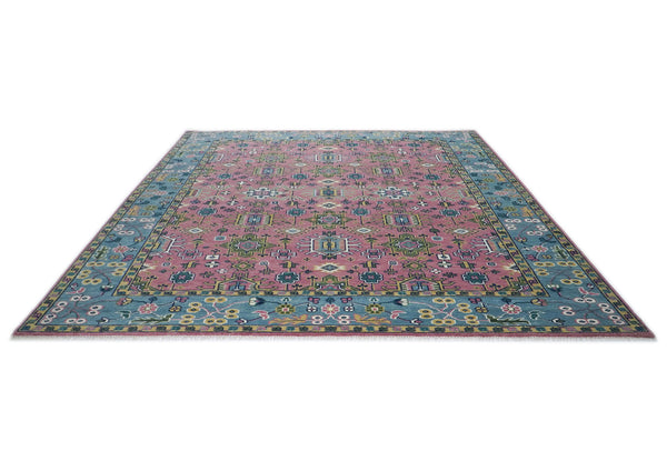 12x15 Pink, Blue, Lime Color Hand Knotted Oushak Wool Transitional Oriental Rug