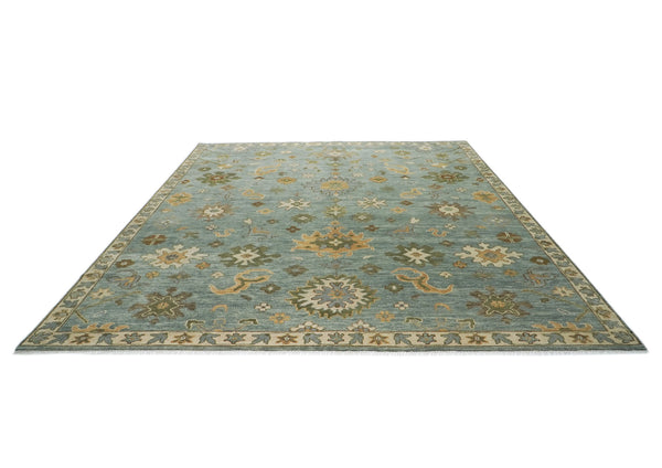 12x15 Celadon, Beige, Lime Color Hand Knotted Oushak Wool Transitional Oriental Rug