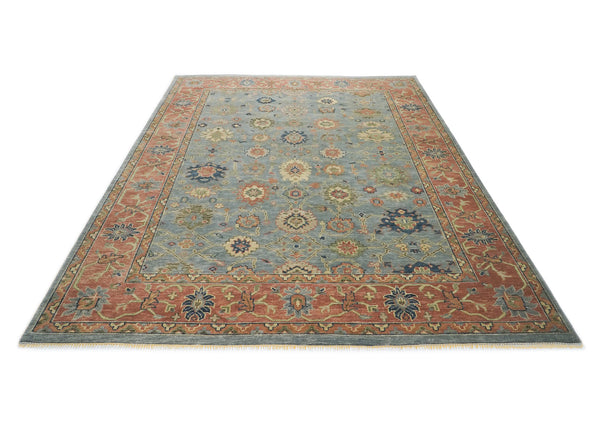 12x15 Blue, Peach, Gold Color Hand Knotted Oushak Wool Arts and Crafts Oriental Rug