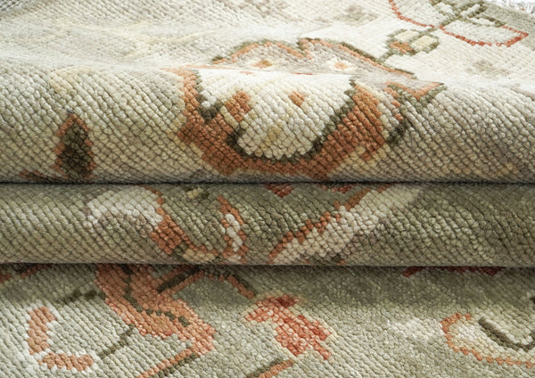 10x14 Green, Ivory, Rust Color Hand Knotted Oushak Wool Transitional Oriental Rug